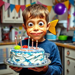 A young boy holding a decorated birthday cake, with his face transformed to resemble a fish