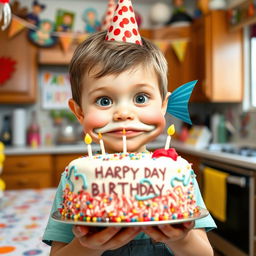 A young boy holding a decorated birthday cake, with his face transformed to resemble a fish
