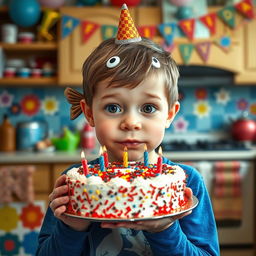 A young boy holding a decorated birthday cake, with his face transformed to resemble a fish