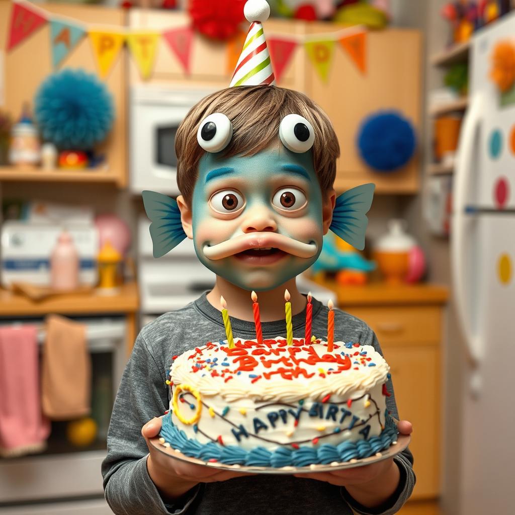 A young boy holding a decorated birthday cake, with his face transformed to resemble a fish