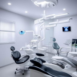 A modern, clean, and well-lit dental clinic with state-of-the-art dental equipment, comfortable seating in the waiting area and reassuring, calming colors on the walls.