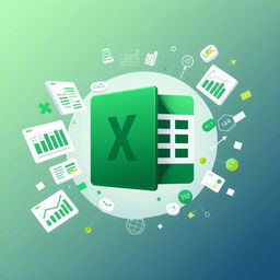 A digital illustration showcasing the Microsoft Excel logo in a vibrant and modern design, integrated with elements like spreadsheets, charts, and data visualizations flowing around it