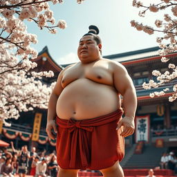 A traditional Japanese Sumo wrestler, wearing a bright mawashi (the loincloth), standing in a ceremonial stance