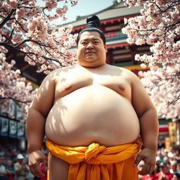 A traditional Japanese Sumo wrestler, wearing a bright mawashi (the loincloth), standing in a ceremonial stance