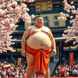 A traditional Japanese Sumo wrestler, wearing a bright mawashi (the loincloth), standing in a ceremonial stance