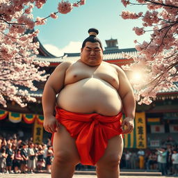 A traditional Japanese Sumo wrestler, wearing a bright mawashi (the loincloth), standing in a ceremonial stance