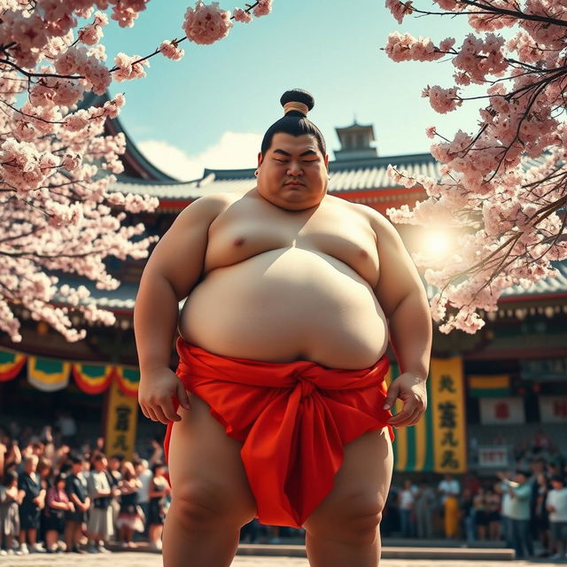 A traditional Japanese Sumo wrestler, wearing a bright mawashi (the loincloth), standing in a ceremonial stance
