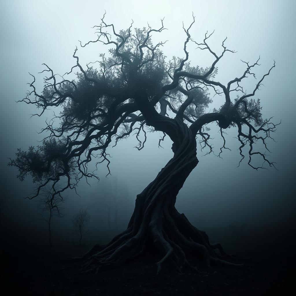 A sinister-looking tree with twisted branches and dark, ominous foliage, appearing as if it has no roots