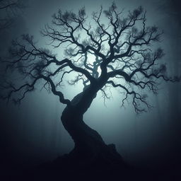 A sinister-looking tree with twisted branches and dark, ominous foliage, appearing as if it has no roots
