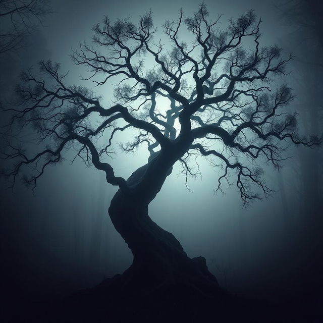 A sinister-looking tree with twisted branches and dark, ominous foliage, appearing as if it has no roots