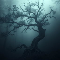 A sinister-looking tree with twisted branches and dark, ominous foliage, appearing as if it has no roots