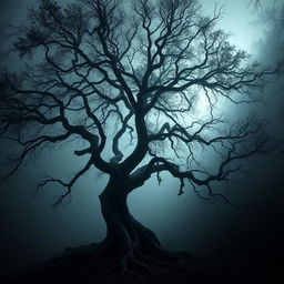 A sinister-looking tree with twisted branches and dark, ominous foliage, appearing as if it has no roots