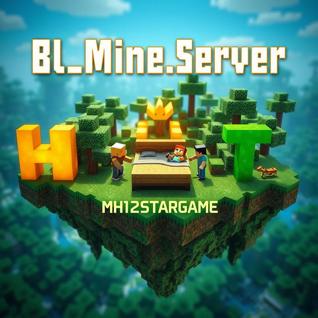 A vibrant Minecraft scene featuring a floating island, zoomed in, showcasing lush greenery and pixelated textures