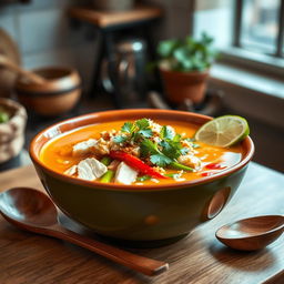A steaming bowl of Soto soup, beautifully presented with a vibrant color palette