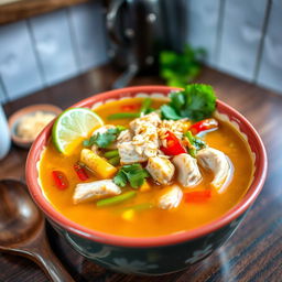 A steaming bowl of Soto soup, beautifully presented with a vibrant color palette