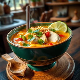 A steaming bowl of Soto soup, beautifully presented with a vibrant color palette