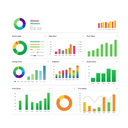 A high-resolution digital rendering of a Microsoft Excel dashboard, featuring a variety of visually appealing elements such as colorful charts, graphs, and data tables