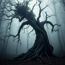 A strange and twisted tree with a menacing appearance, entirely uprooted and without visible roots