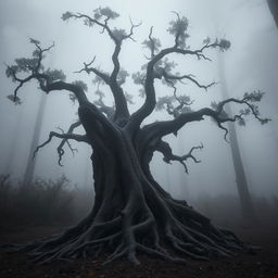 A strange and twisted tree with a menacing appearance, entirely uprooted and without visible roots