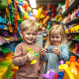 A young boy and a young girl with blonde hair playfully interacting in a vibrant plastic shop filled with colorful plastic items, toys, and household goods