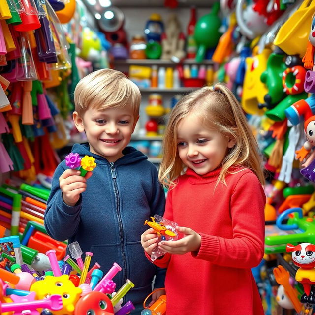 A young boy and a young girl with blonde hair playfully interacting in a vibrant plastic shop filled with colorful plastic items, toys, and household goods