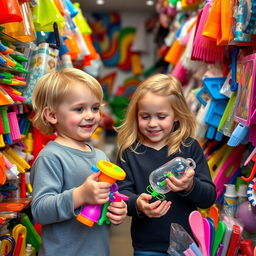 A young boy and a young girl with blonde hair playfully interacting in a vibrant plastic shop filled with colorful plastic items, toys, and household goods