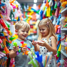 A young boy and a young girl with blonde hair playfully interacting in a vibrant plastic shop filled with colorful plastic items, toys, and household goods