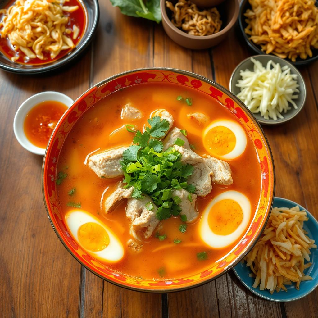 A traditional Soto soup, a rich and flavorful Indonesian dish