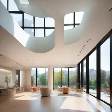 The building was designed with large windows to maximize natural light; accordingly, the interior feels bright and open.