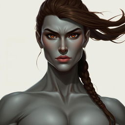 A portrait of a tall, muscular woman with striking grey skin and deep brown eyes