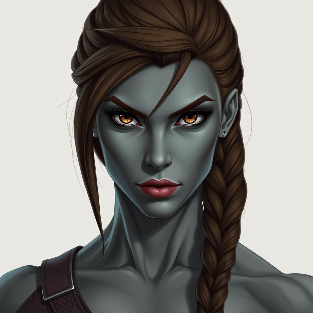 A portrait of a tall, muscular woman with striking grey skin and deep brown eyes