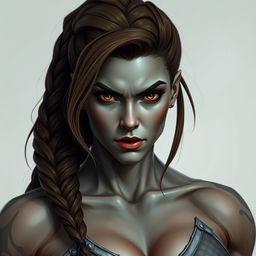 A portrait of a tall, muscular woman with striking grey skin and deep brown eyes