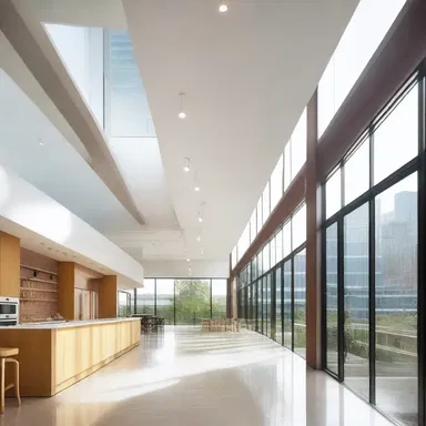 The building was designed with large windows to maximize natural light; accordingly, the interior feels bright and open.