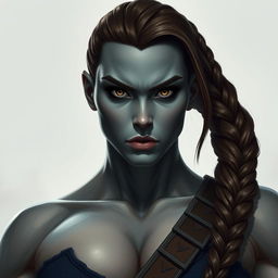 A portrait of a tall, muscular woman with striking grey skin and deep brown eyes