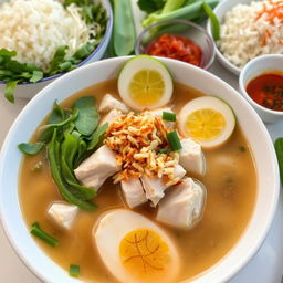 A beautiful bowl of traditional Soto soup, featuring a clear and aromatic broth with chunks of tender chicken, vibrant green herbs, and a sprinkle of fried shallots on top