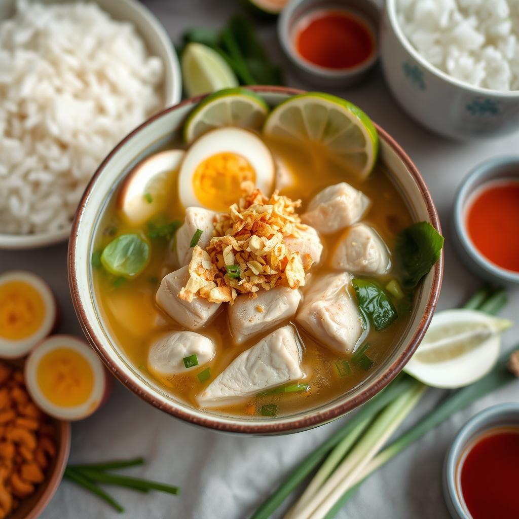 A beautiful bowl of traditional Soto soup, featuring a clear and aromatic broth with chunks of tender chicken, vibrant green herbs, and a sprinkle of fried shallots on top