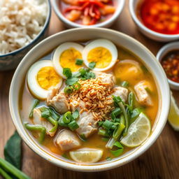 A beautiful bowl of traditional Soto soup, featuring a clear and aromatic broth with chunks of tender chicken, vibrant green herbs, and a sprinkle of fried shallots on top