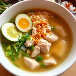 A beautiful bowl of traditional Soto soup, featuring a clear and aromatic broth with chunks of tender chicken, vibrant green herbs, and a sprinkle of fried shallots on top