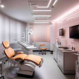 A modern, clean, and well-lit dental clinic with state-of-the-art dental equipment, comfortable seating in the waiting area and reassuring, calming colors on the walls.