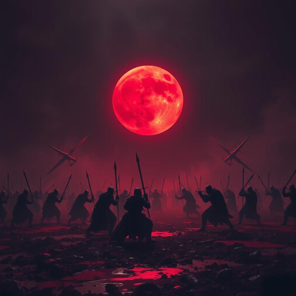 A dramatic battlefield scene under a haunting, blood-red moon