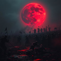 A dramatic battlefield scene under a haunting, blood-red moon