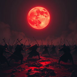 A dramatic battlefield scene under a haunting, blood-red moon