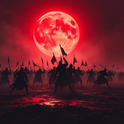 A dramatic battlefield scene under a haunting, blood-red moon