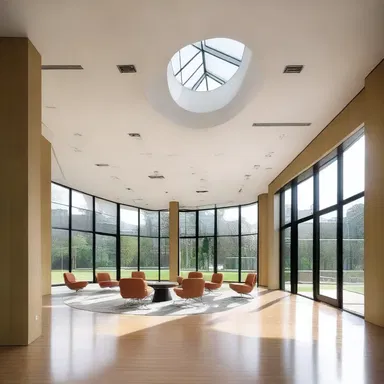 The building was designed with large windows to maximize natural light; accordingly, the interior feels bright and open.