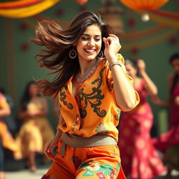 A vibrant and dynamic scene featuring a confident Iranian woman reminiscent of a figure related to Ebrahim Raisi, dressed in a stylish outfit, energetically dancing the Lambada