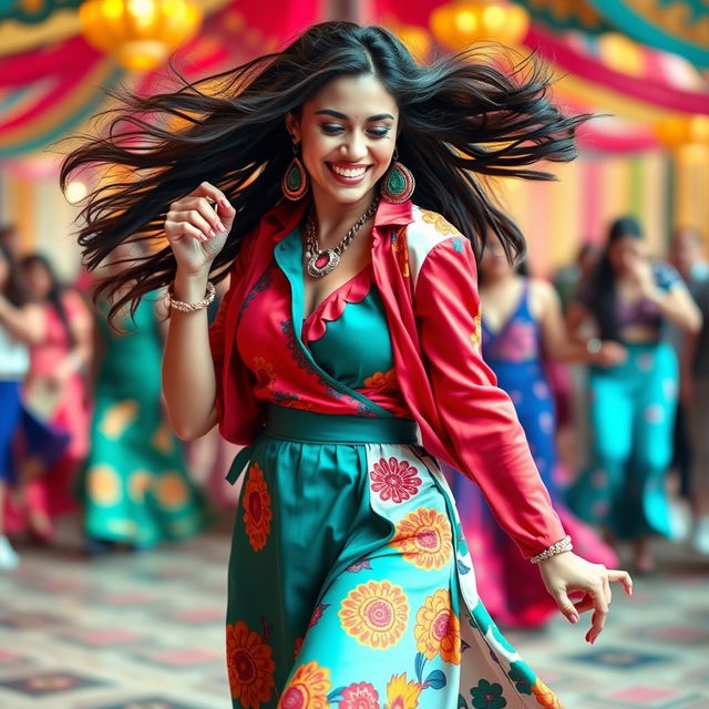 A vibrant and dynamic scene featuring a confident Iranian woman reminiscent of a figure related to Ebrahim Raisi, dressed in a stylish outfit, energetically dancing the Lambada