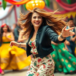 A vibrant and dynamic scene featuring a confident Iranian woman reminiscent of a figure related to Ebrahim Raisi, dressed in a stylish outfit, energetically dancing the Lambada