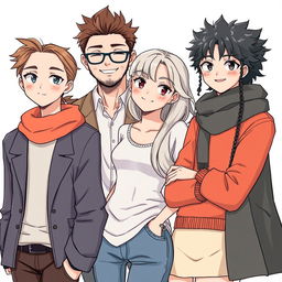 A detailed illustration of the individuals from the provided image, maintaining their exact features, clothing, and expressions, set against a clean white background