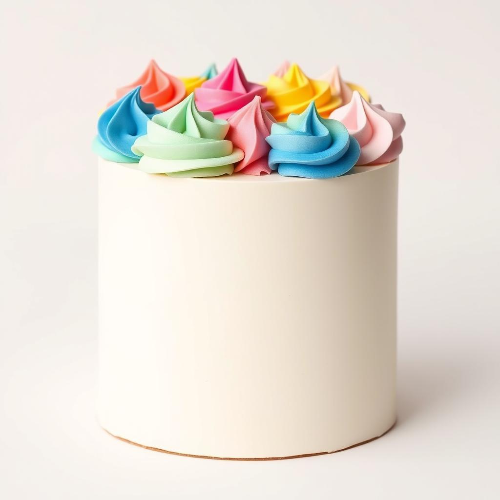 A simple, cylindrical cake that is completely plain, featuring a smooth, glossy finish as if it has been frosted with a spatula