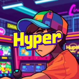 A pixelated figure focused intently on a retro-style arcade game, with a vibrant color palette